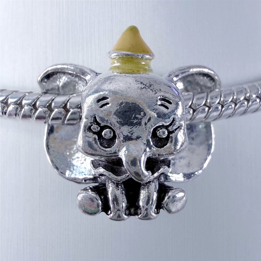 Silver Elephant Bead Charm Fits Snake Chain‎ Bracelet Yellow Hat Animal Jewelry